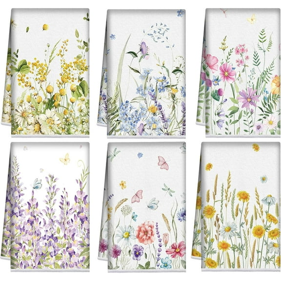 6 Pcs Floral Kitchen Towels Wildflower Print Dish Towels for Kitchen Absorbent Flower Butterfly Hand Decorative Set for Spring Holiday Bathroom Housewarming Gift(Classic Color,Flower)