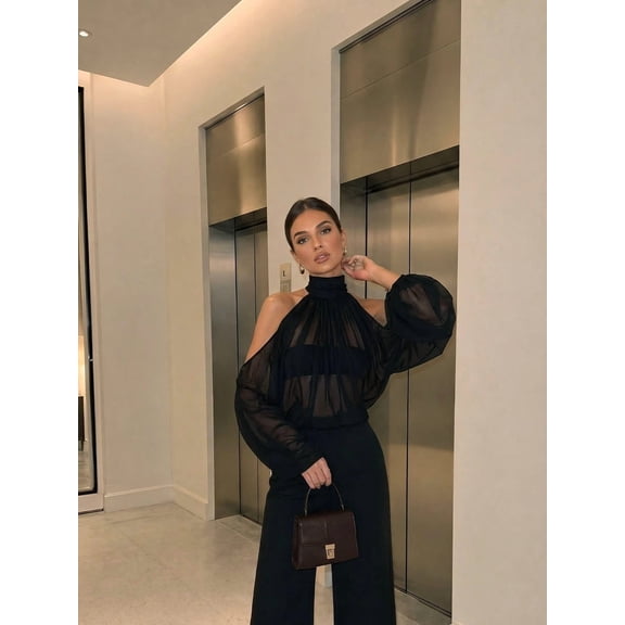 Women High Neck Cold Shoulder Sheer Long Sleeve Top Elegant Party Vacation Blouse