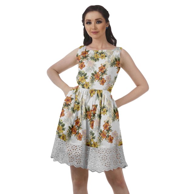 Moomaya Robe Pouf Sans Manches à Encolure Bateau en Dentelle Robe de Cocktail Courte avec Poches