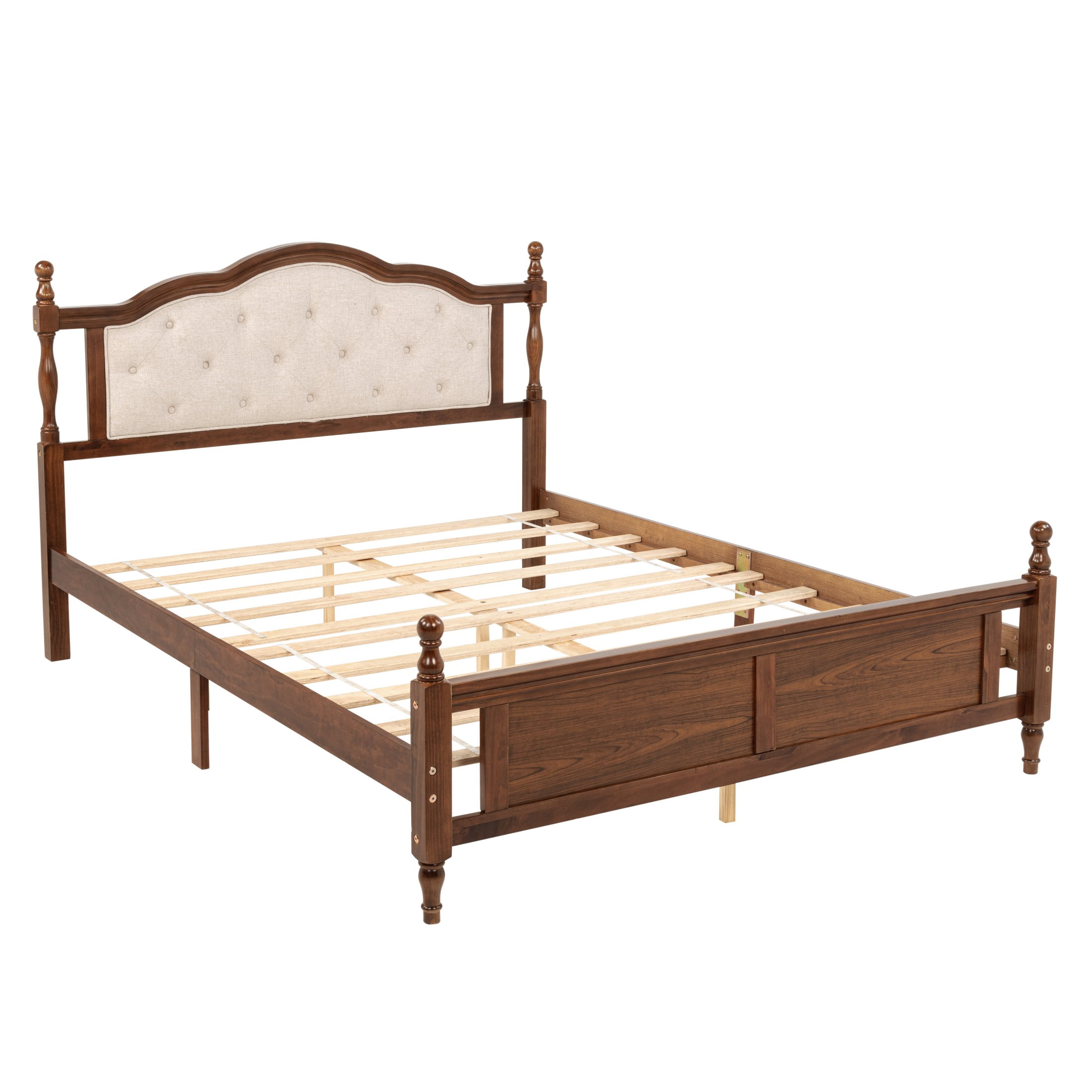 Alvantor Queen Size Bed Frame with Upholstered Headboard & Panel Footboard in Pine Wood, Walnut