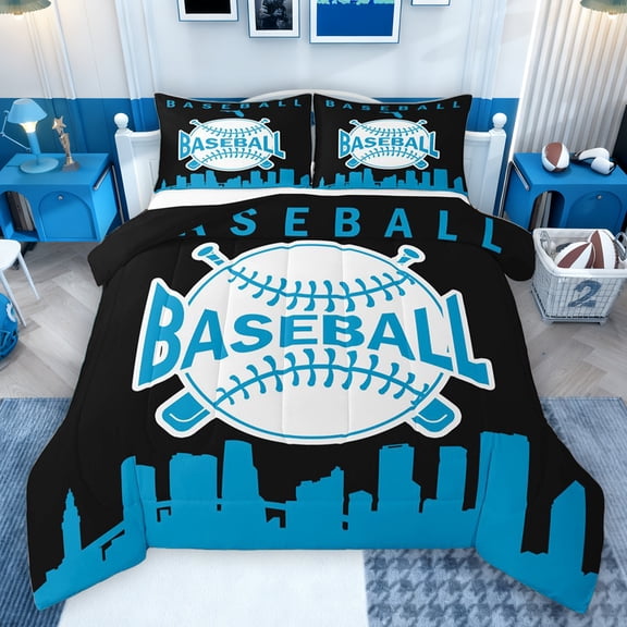 Homewish Boys Cartoon Baseball Bedding Comforter Set, Modern City Print Twin Comforter Sets, Black Blue Stripes Lines Reversible Bedding Set, Microfiber Bedroom Decor, 2 Pieces