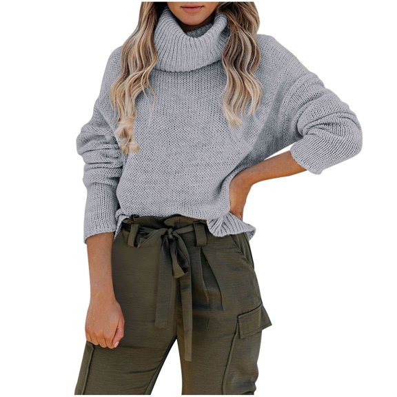 XFLWAM Turtleneck Sweater Women Oversized Cowl Neck Sweater Cable Knit Long Sleeve Pullover Tops Gray S