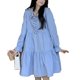thumbnail image 3 of Vestido de mujer de una pieza de color puro, ajuste casual, falda cómoda, mangas largas para viajes de verano, azul L, 3 of 8