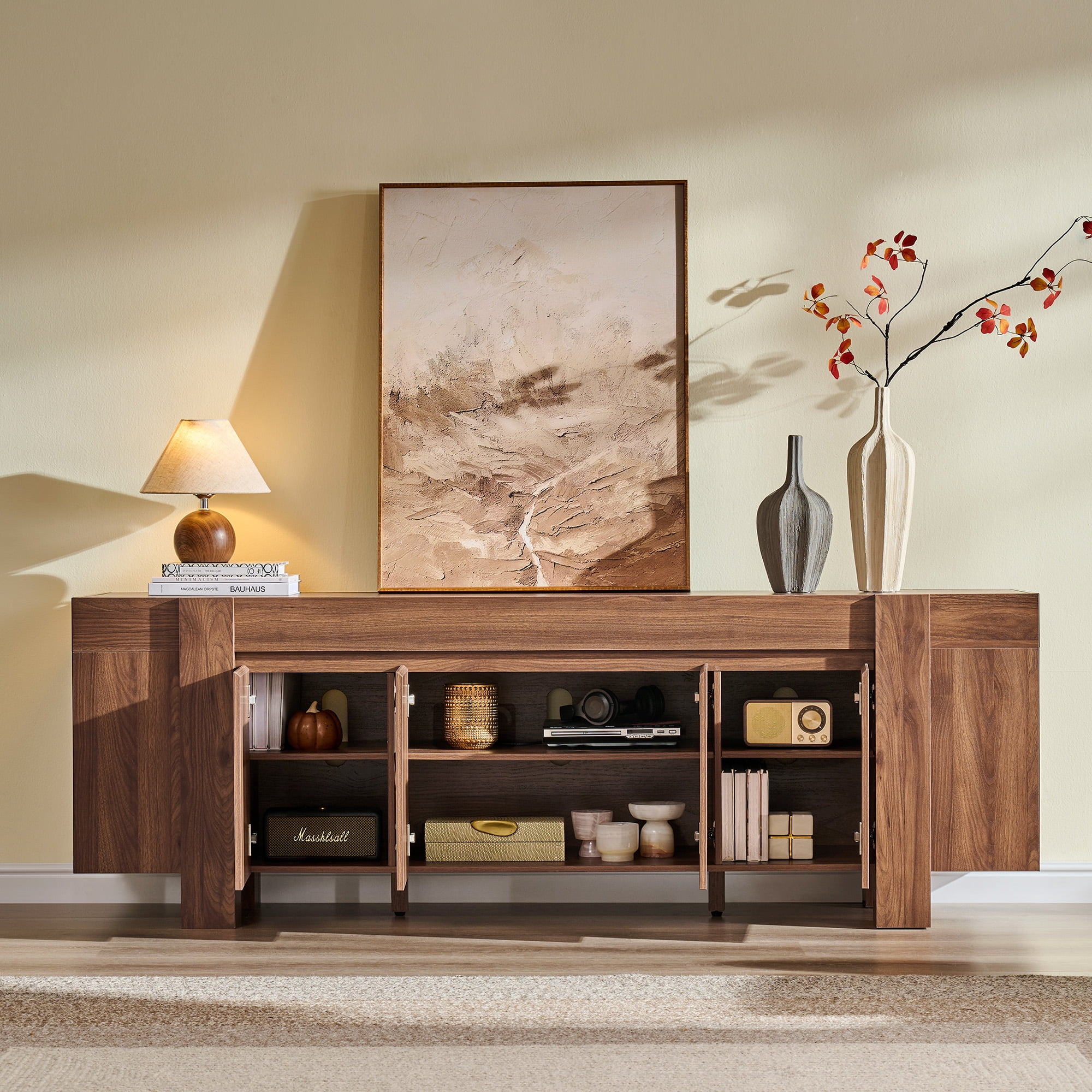 KeyWhat TV Stand for TVs Up to 80", Modern Farmhouse Entertainment Center with Storage Cabinet, Media Console Table for Living Room, Light Walnut