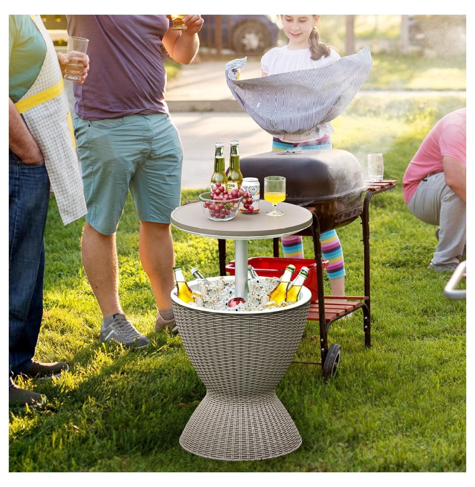Cool Bar Table, 8 Gallon Rattan Patio Bar Cooler with Ice Bucket & Height Adjustable , Beer & Wine Cooler, Outdoor Indoor Cocktail Coffee Table for Patio Party Pool Deck (Brown)
