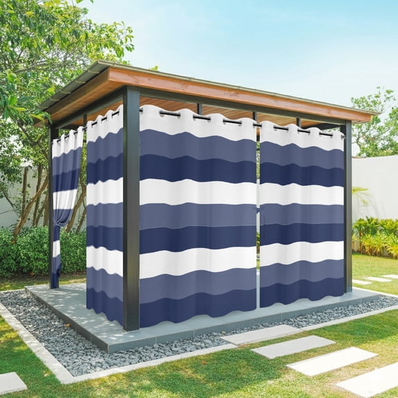 Navy Blue and White Striped Outdoor Curtains for Patio, Abstract Ombre Geometric Waterproof Outside Curtains Privacy Blackout Curtain for Porch Pergola Cabana, 2 Panel 54W x 84L Inch