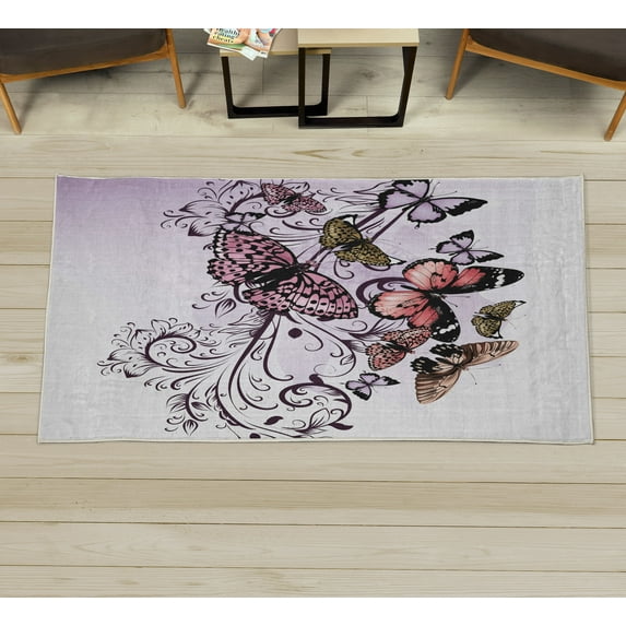 Butterfly Decorative Rug, Monarch Butterflies Vintage Damask Inspired Design, Quality Carpet for Bedroom Dorm and Living Room, 6 Sizes, Lavender Blue, by Ambesonne