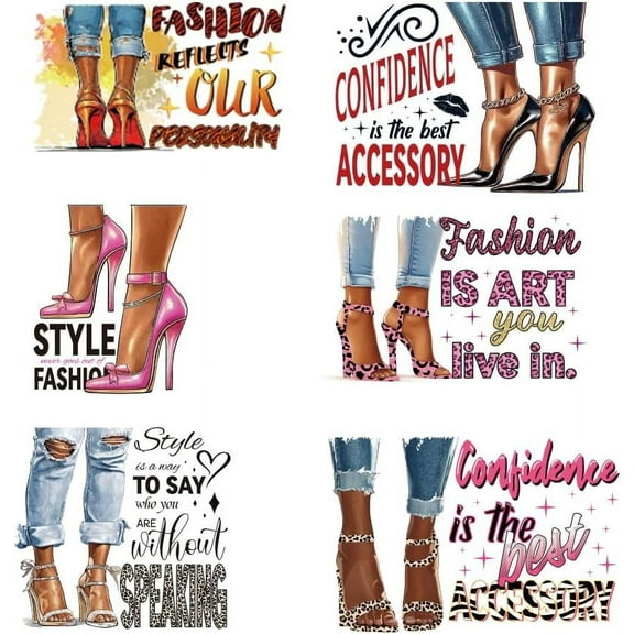 1 Set 6 Pcs Iron on Decals Patches 6 Sizes Women High Heels Iron on Stickers Fashion Sentences Heat Transfer Stickers Plastic Washable Patches for Clothes Backpacks Cover