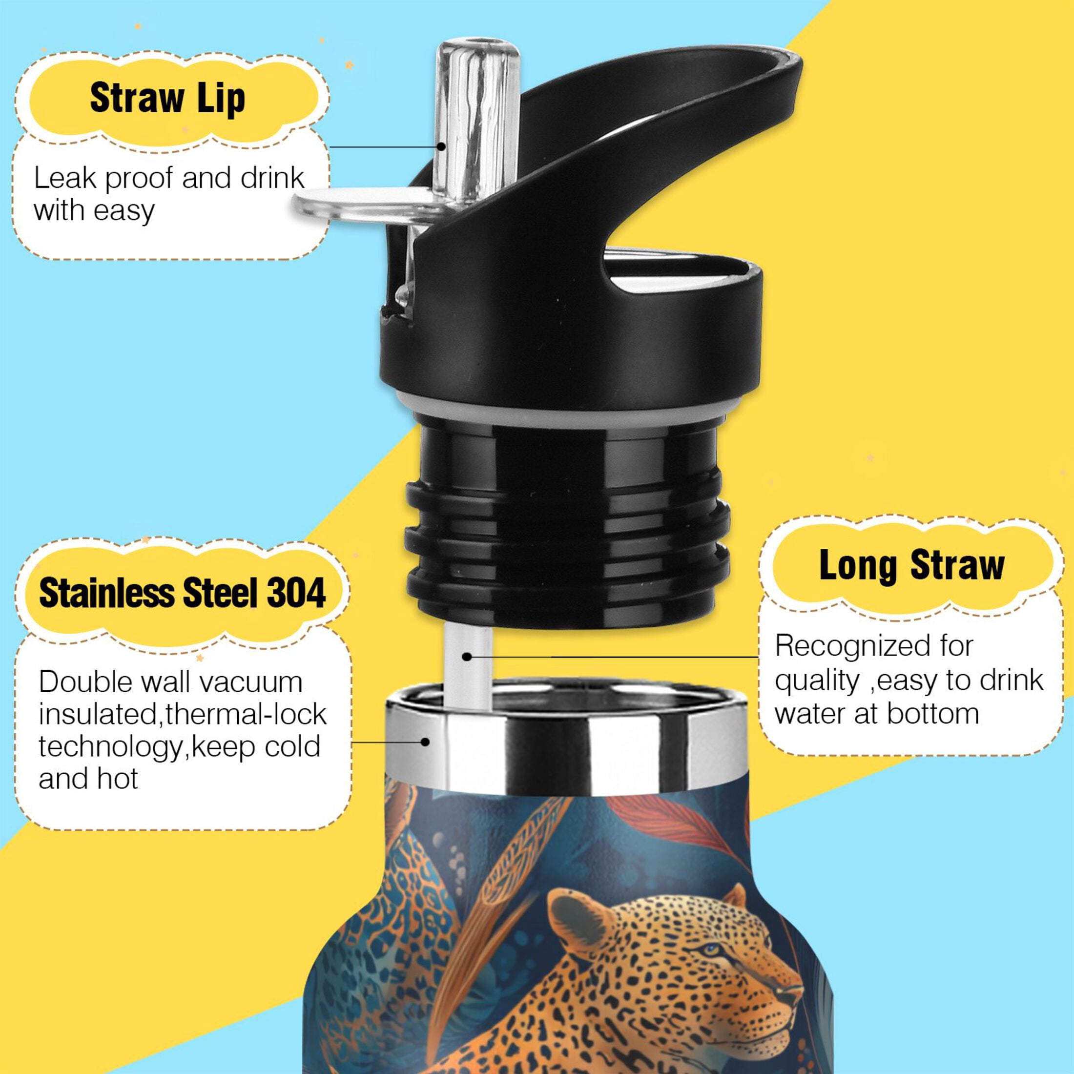 Kids Insulated Stainless Steel Sports Water Bottle 600ml (20oz) Leopard and Flying Feathers