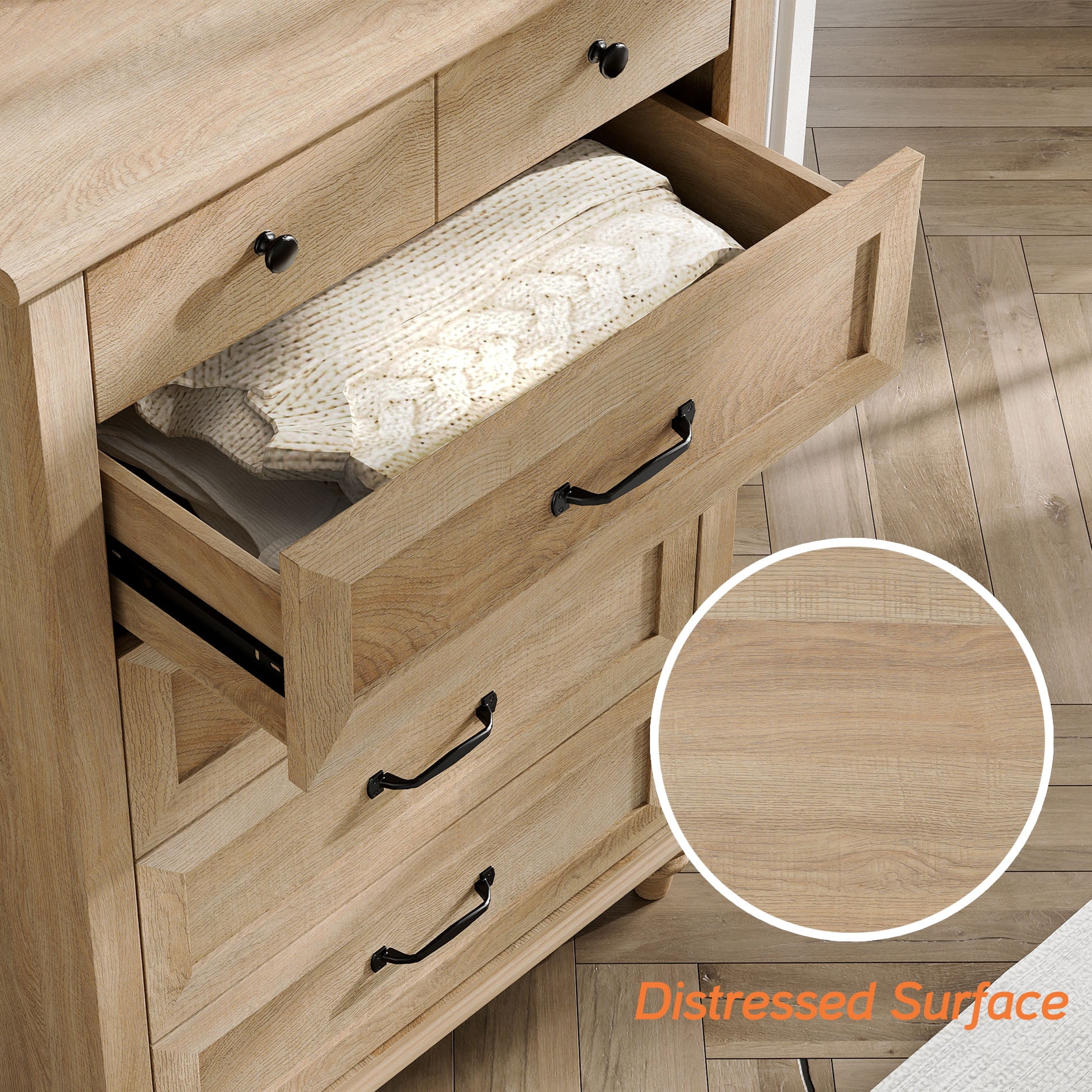 Farmhouse Oak 5-Drawer Dresser, Wooden Chest of Drawers for Bedroom & Living Room