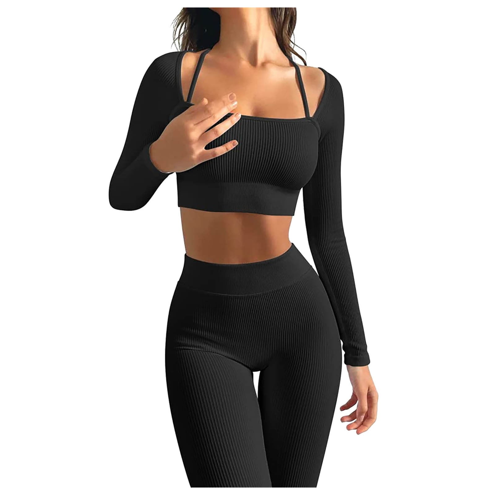 Workout Sets For Women 2 Piece Yoga Outfits Seamless Ribbed Workout High Waist Leggings With