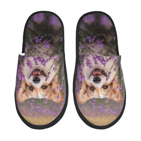 Balery Dog in Lavender Flowers Slient Indoor Furry Fleece Comfort House Shoes Soft Non-Slip Home Shoes Cotton slippers House Slippers-- Large