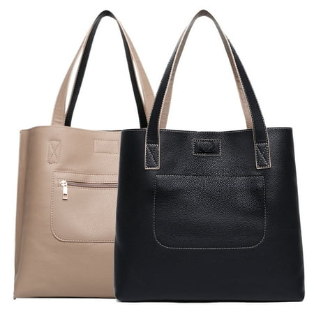 Reversible Tote Bag Poppy Shoulder Vegan Leather Satchel Handbags Lightweight Work For Women Black