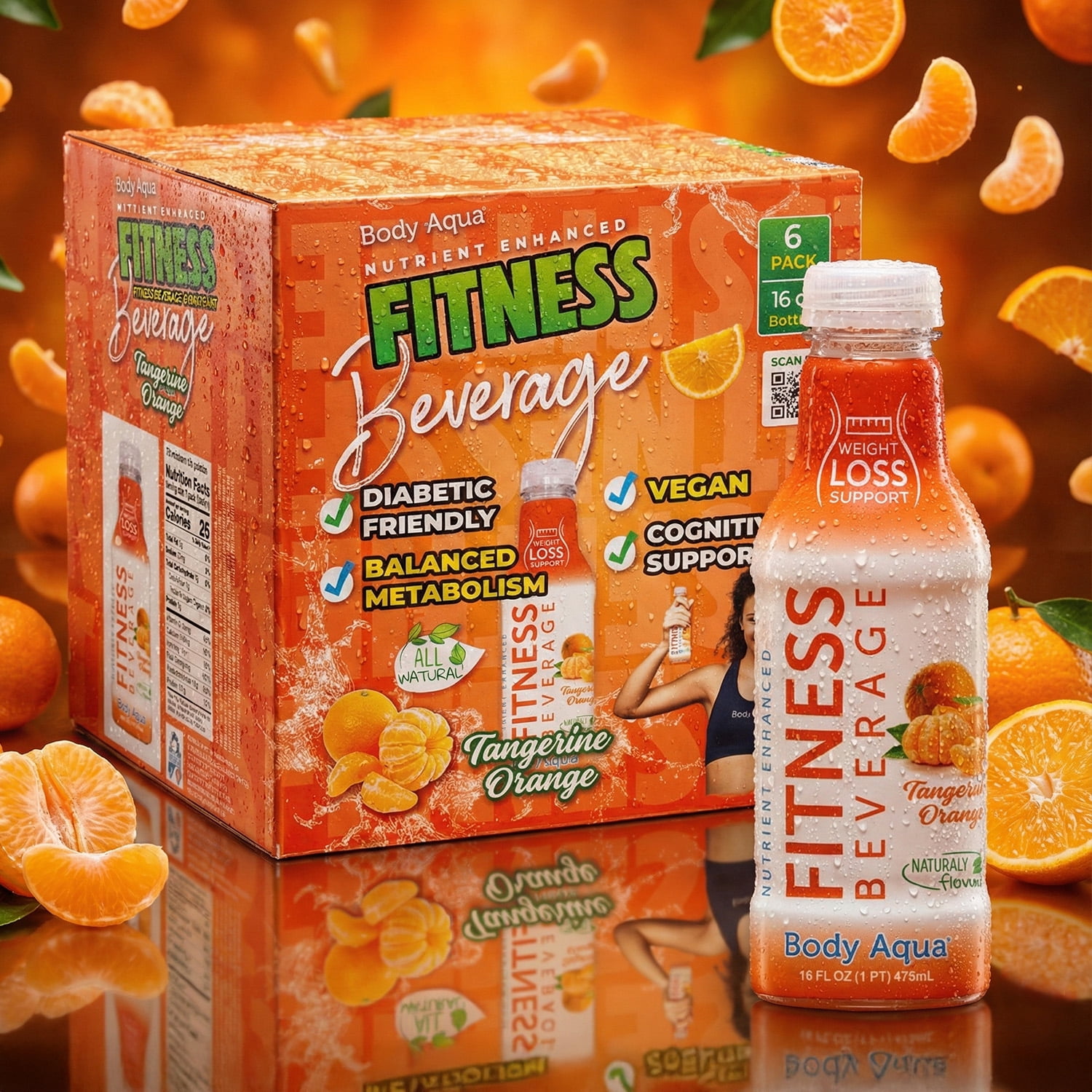 Body Aqua Fitness Beverage Tangerine Orange Vitamin Drink Low Calorie 12 Pack 16 fl oz