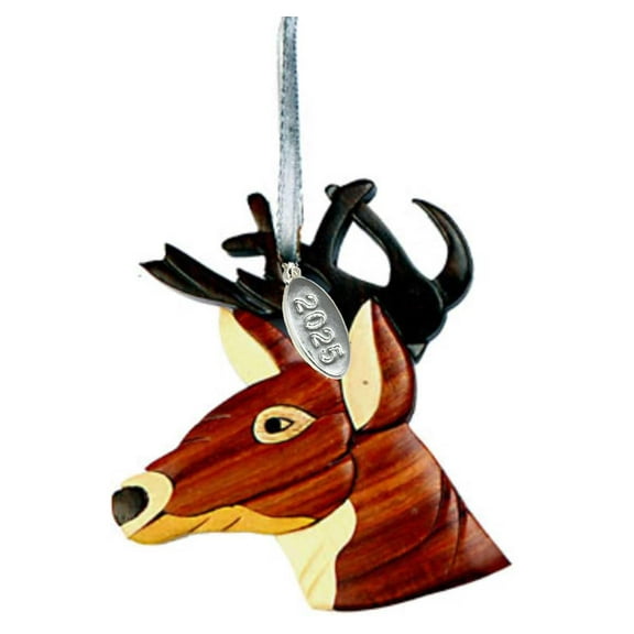 Stunning Deer Ornament Two-Tone Wood Deer Christmas Ornament - Intarsia Design - Buck Christmas Tree Ornaments - Comes in a Gift Bag so It's Ready for Giving