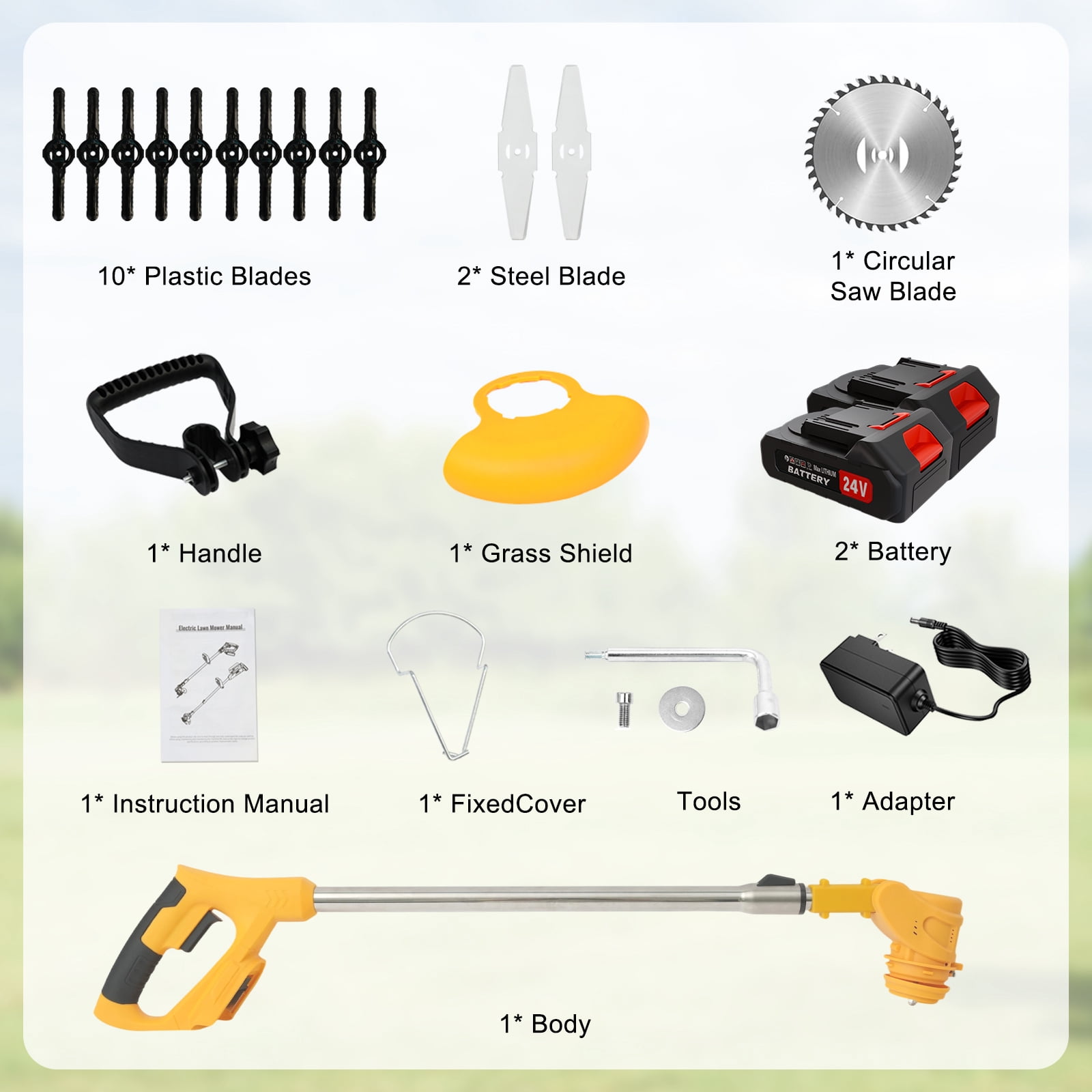 Also go 24V 3-in-1 Cordless Weed Wacker,11,000RPM, Electric String Trimmer with 2*2.0Ah Batteries,Adjustable Cutting Angle & Height for Lawn,Yellow