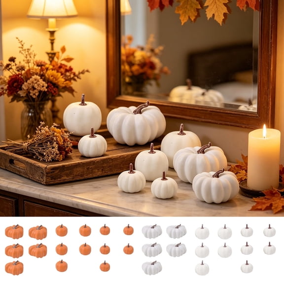 5Pcs Mini Artificial Pumpkin Ornaments In 3 Different Sizes, White and Orange Foam Pumpkins, Delicate Tabletop Decor for Fall, Thanksgiving and Halloween Party