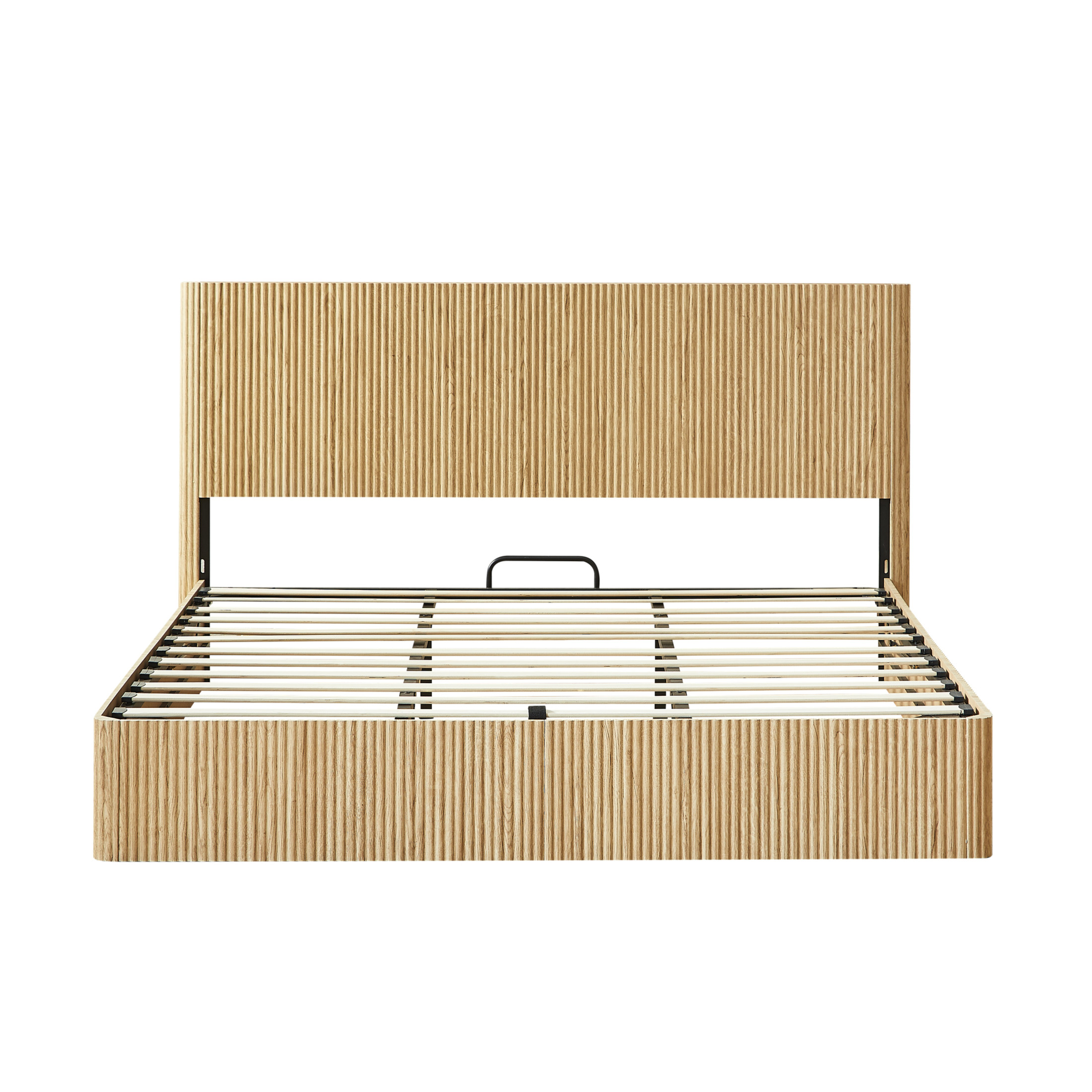 Noble House Modern Lift-Up Storage Bed Frame with Wooden Corrugated Curved Lines, King Size, Oak