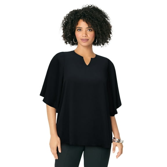 Roaman's Women's Plus Size Notch-Neck Flutter-Sleeve Blouse