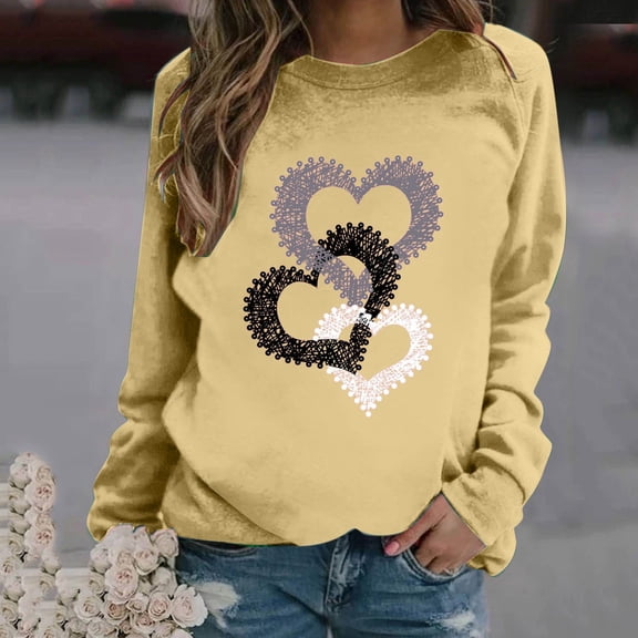 GUZOM Womens Yellow Festive Heart Print Valentine's Pullover Sweatshirt - Relaxed Fit Soft Polyester Casual Loungewear Gift for Her,Size 3XL