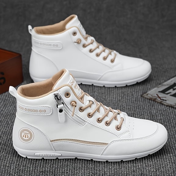 Men'S High-Top Fashion Sneakers - PU Casual Sports Shoes, All-Season Solid Color Lace-Up Shoes with Round Toe, Fabric Lined Rubber Sole - Comfortable Athletic Footwear for Men