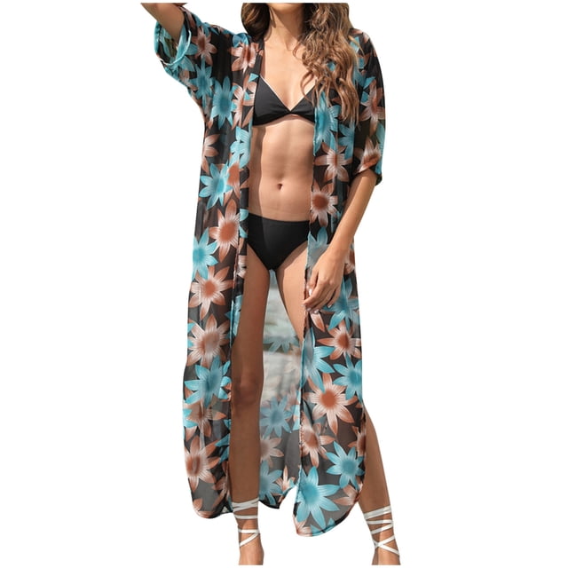Mujer moda Casual Sexy verano manga corta estampado gran tamaño protector solar playa vacaciones largo gasa cárdigan blusa Pompotops qwe20391