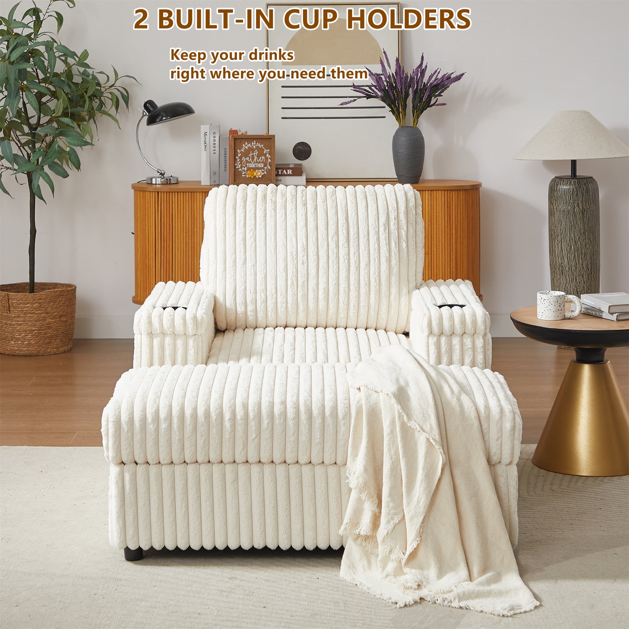 Aukfa 43" Corduroy Chaise Lounge w/ 2 Cupholders, Storage Bench & Arm, Plush Chair Bed, Beige