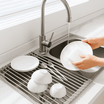 TRBCREATION Over-the-Sink Roll Up Dish Drying Rack, 18.5" x 13.5" Foldable Stainless Steel Dish Drainer Mat, Sink Cover & Heat-Resistant Kitchen Organizer (Grey)