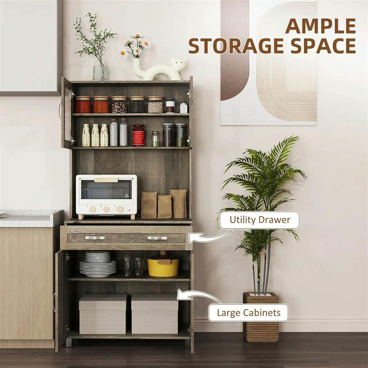 Demi Bonn 67" Buffet Hutch, Modern Kitchen Storage Cabinet, Freestanding Glass Door Pantry, Shelves & Drawers for Home Decor, Gray