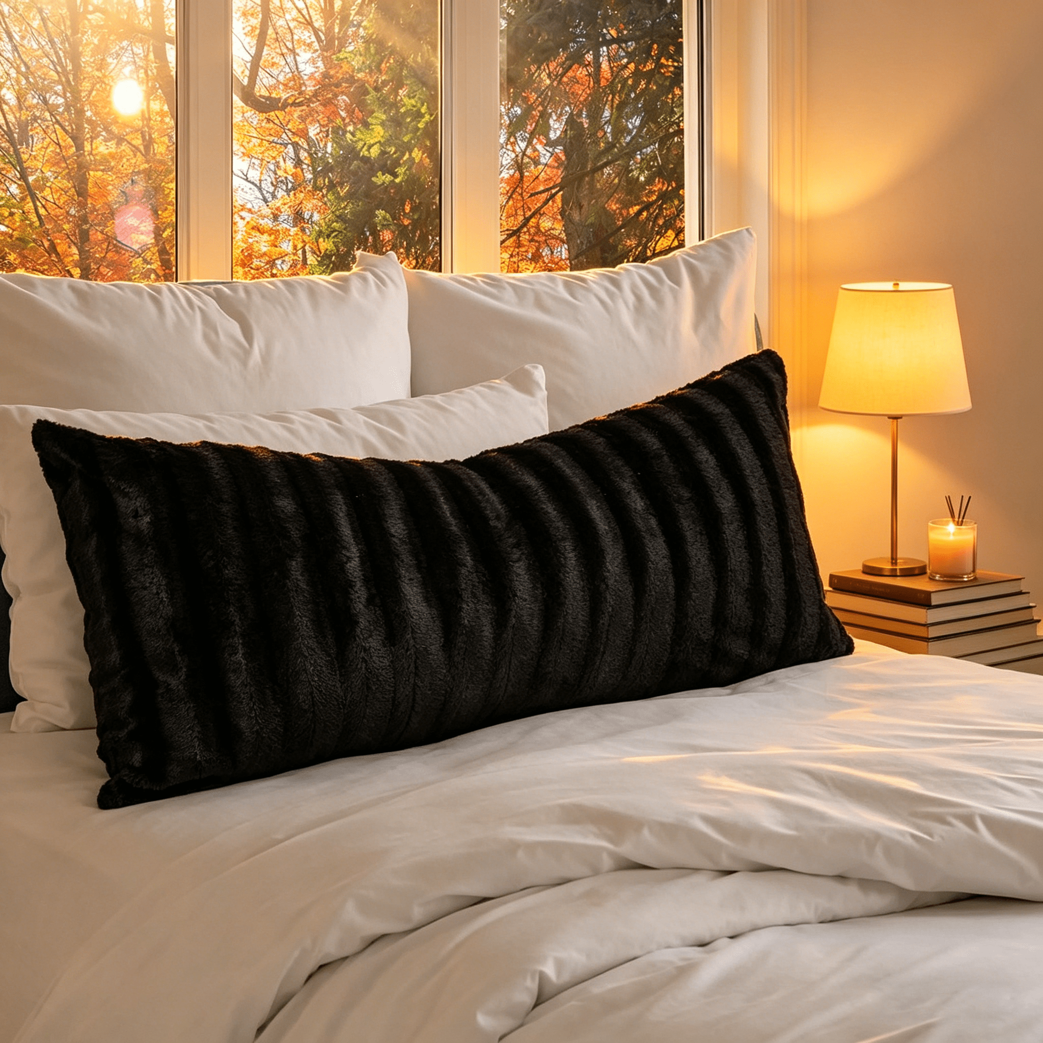 Wjsp Faux Fur Body Pillow 18"x40" Black Polyester Soft for Bed Couch Decorative