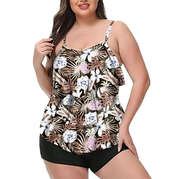 RKSTN Plus Size Swimsuit for Women Fashionable and Sexy Backless High Waisted Conservative Tankini Swimsuit Temperament Boho Printed Oversized Bathing Suit with Boyshorts
