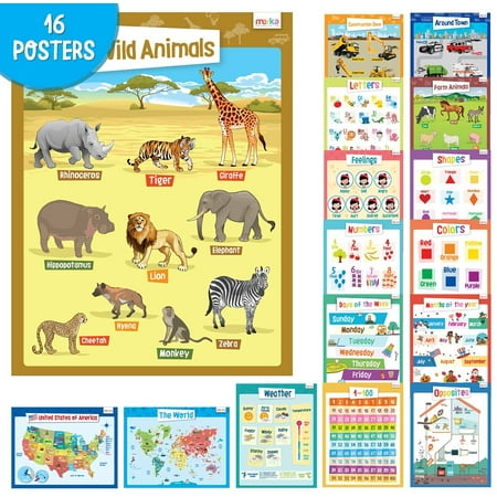 UPC: 0852235008456 | merka Educational Large Kindergarten Wall Poster Set 16pc – USA & World Maps  Letters  Shapes  Numbers  Animals & more  Ages 2-6 – Great for Classroom Supplies  Home Learning  Student Room Dcor