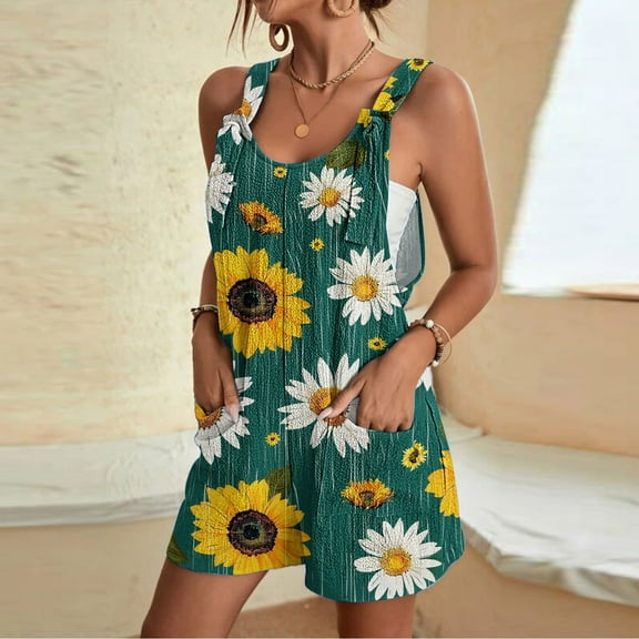 Women's Casual Summer Rompers Floral Print Tie Knot Strap Shorts Jumpsuit Sleeveless Loose Shorts Overalls with Pockets, Multicolor, XL
