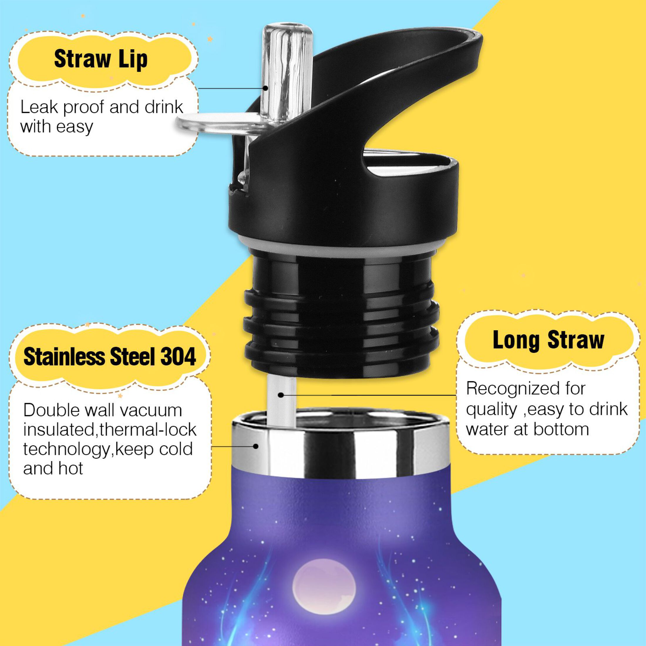 600ML Stainless Steel Insulated Cup Sports Water Bottle Portable Thermos Cup Water Glasses Insulated Tumblers Convenient and Durable Cartoon Purple Elk