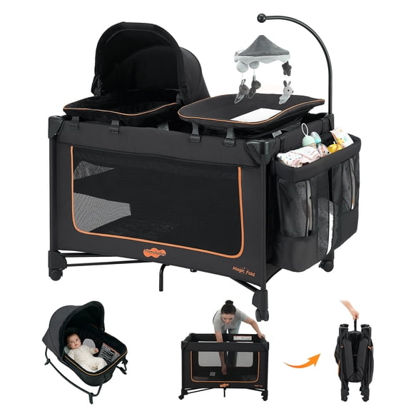 Pamo Babe Baby Playard Magic Fold 1 Step Bassinet & Changing Table for Newborn, 4-Panels (Black)