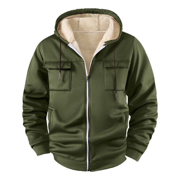 USNSM Men's Full Zip Cargo Hoodies Gym Athletic Workout Casual Long Sleeve Hooded Pocket Jackets Midweight Fleece Coat Green XL