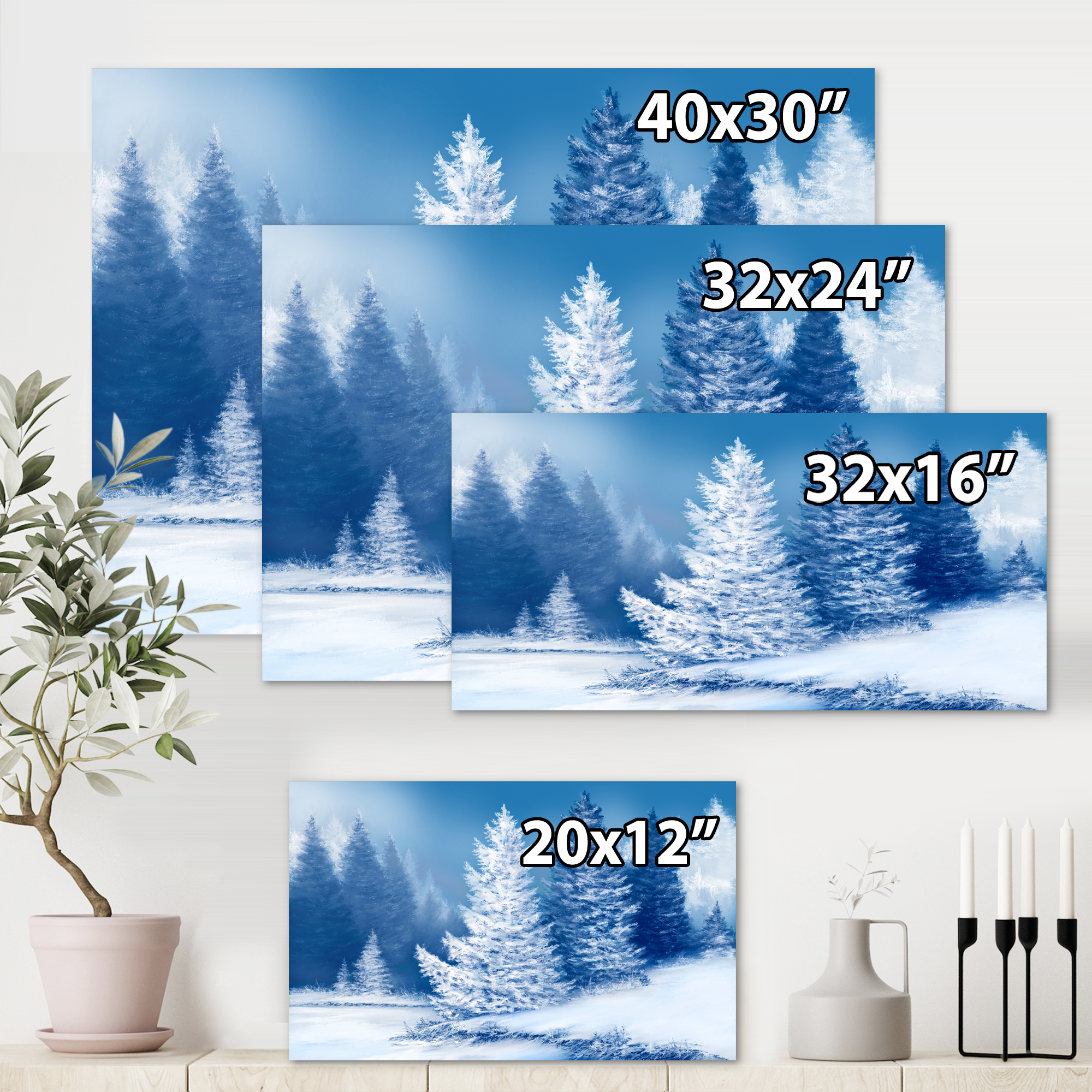Snow Covered Trees With Dreamlike Spruce Forest 12 in x 8 in Painting Canvas Art Print, by Designart