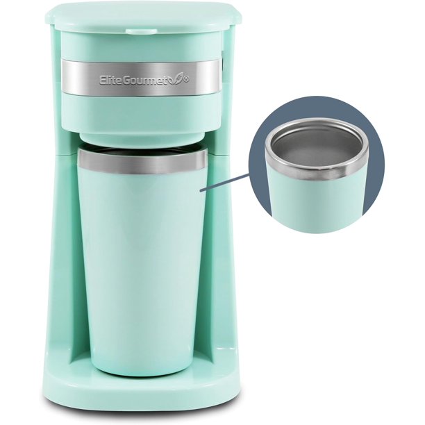Cafetera compacta personal de una sola porción EHC113M, incluye taza térmica de viaje de acero inoxidable de 14 oz, compatible con café molido, filtro reutilizable, menta