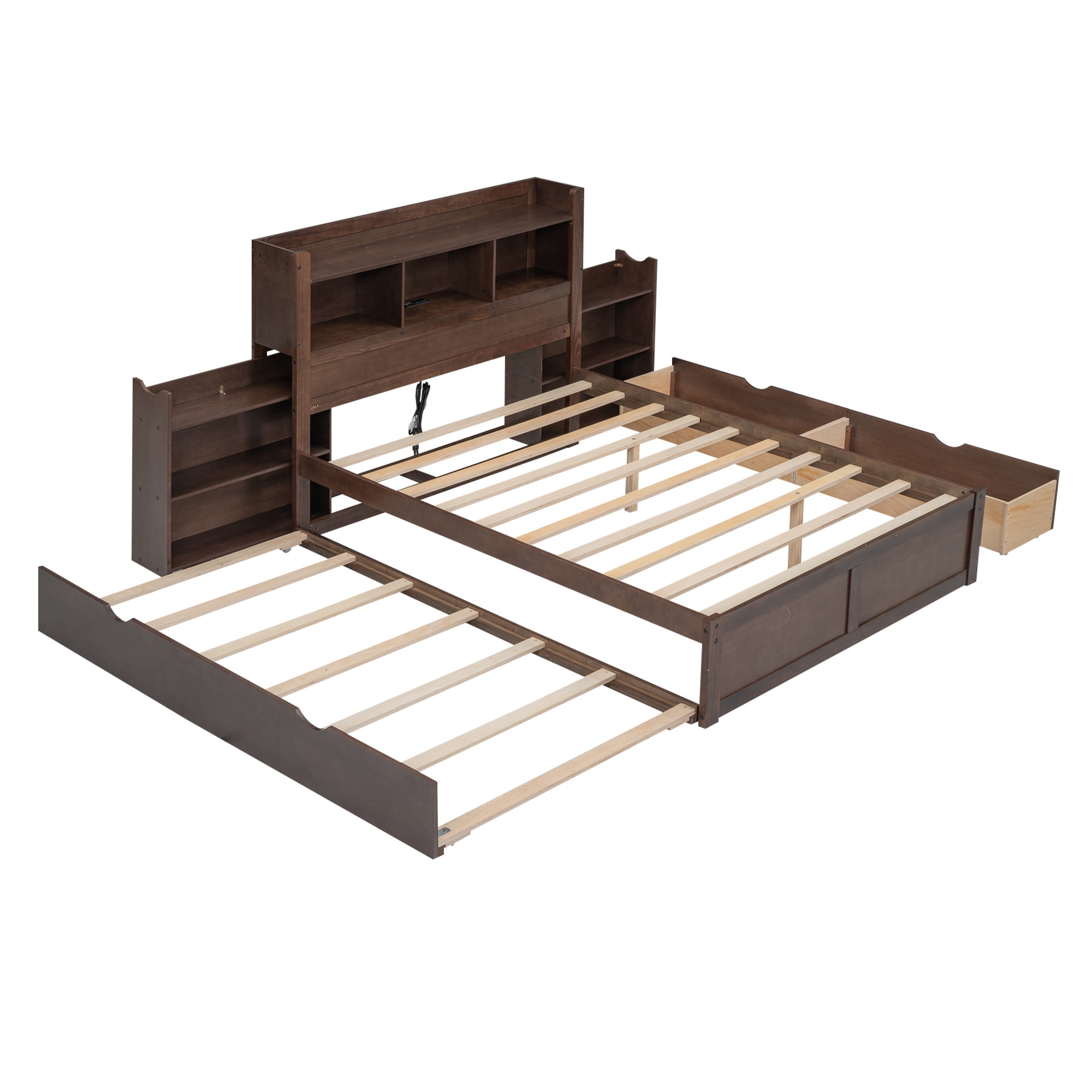 Noble House Full Size Storage Platform Bed with Pull Out Shelves, Twin Trundle and Drawers, Solid Wood Frame, Espresso