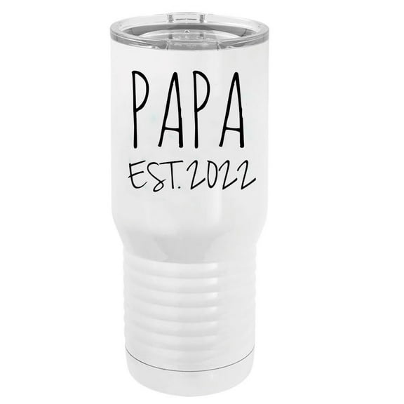 Papa Est. 2022 Established Stainless Steel Vacuum Double-Walled Insulated 20 Oz Tumbler Travel Coffee Mug with Clear Lid, White