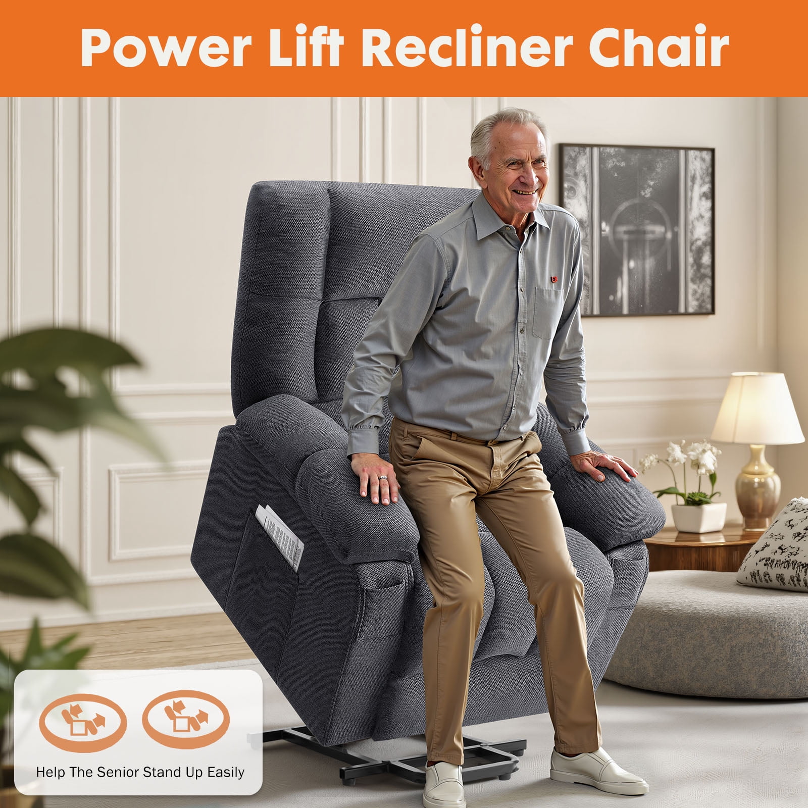 edx Power Lift Recliner Chair, Recliner for Elderly with Massage and Heating, with Remote Control, Cup Holder, Side Pocket, Grey