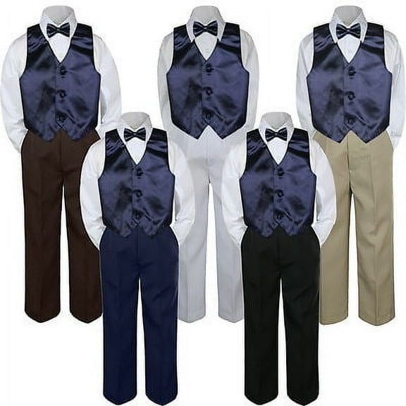 4pc Navy Blue Vest  Bow Tie Suit Pants Set Baby Boy Toddler Kid Uniform S-7