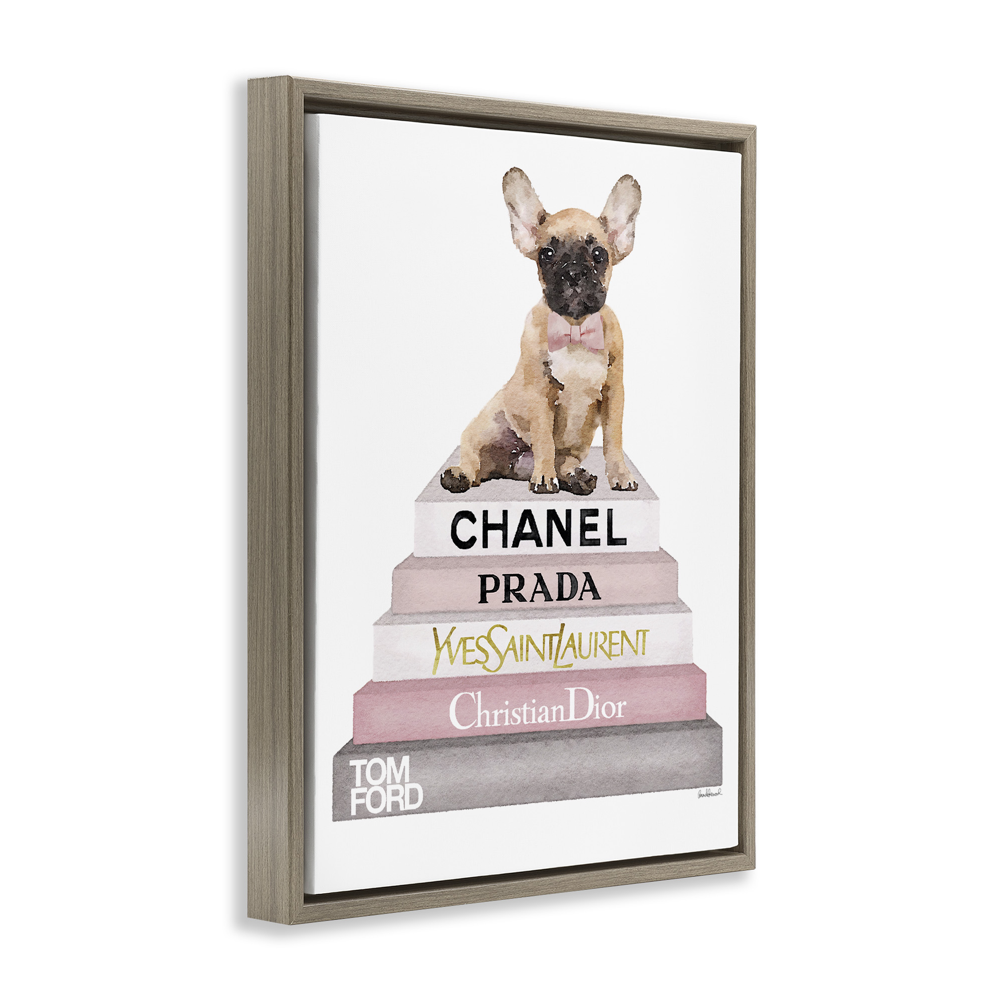 Stupell Industries Watercolor Bookstack French Bulldog Beauty & Fashion Painting Brown Floater Framed Canvas Art Print Wall Art, 17 x 21