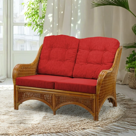 Jam Lounge Loveseat Sofa ECO Natural Rattan Wicker Handmade Design w/ Burgundy Cushions, Colonial Color