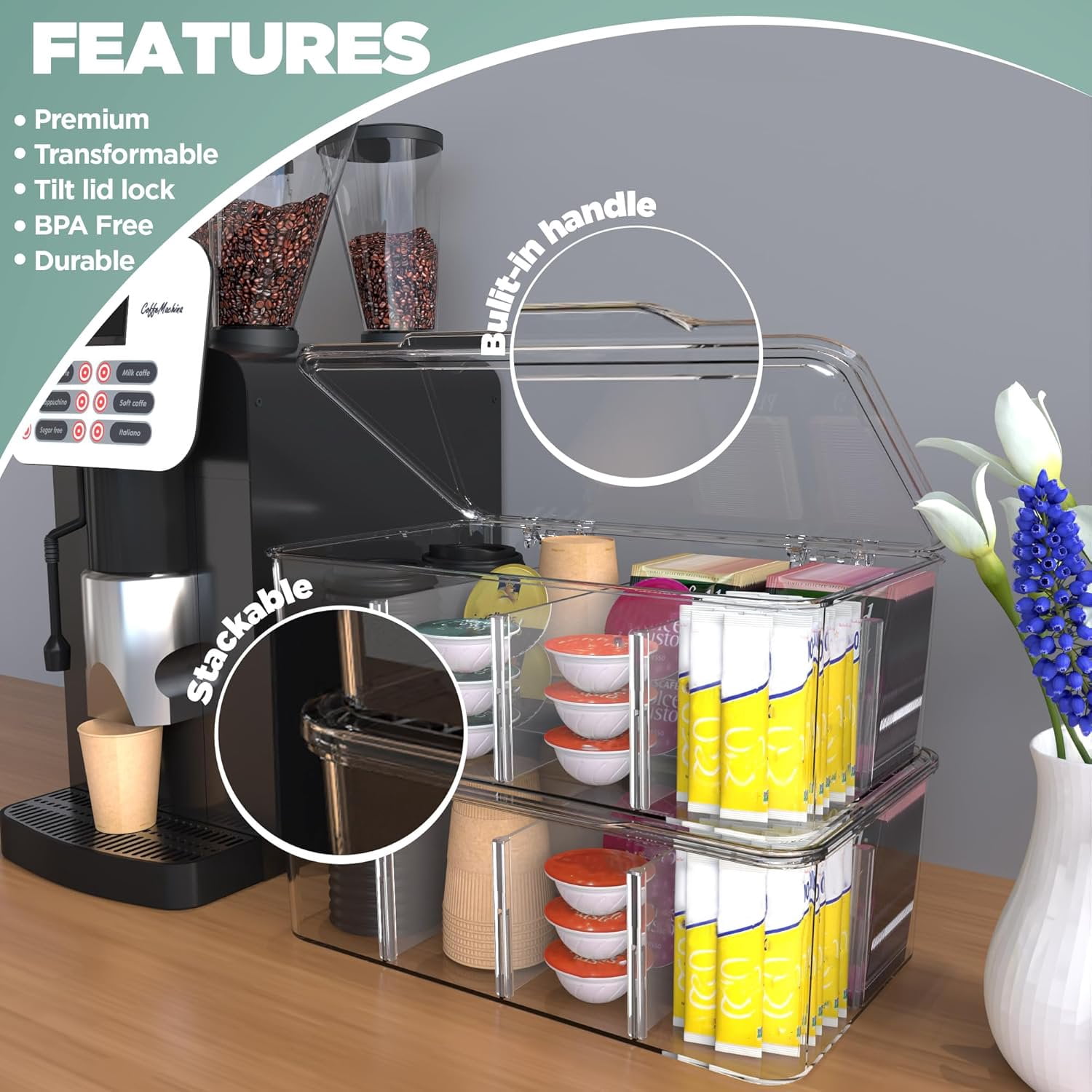 Utopia Home - Tea Bag Organizer With Lids, Clear Pantry Storage Box - 3 Pack Stackable Partition Organizers or Holder With Lids For Drawers, Countertops, Fridge, Kitchen, Snack & Spice Organization