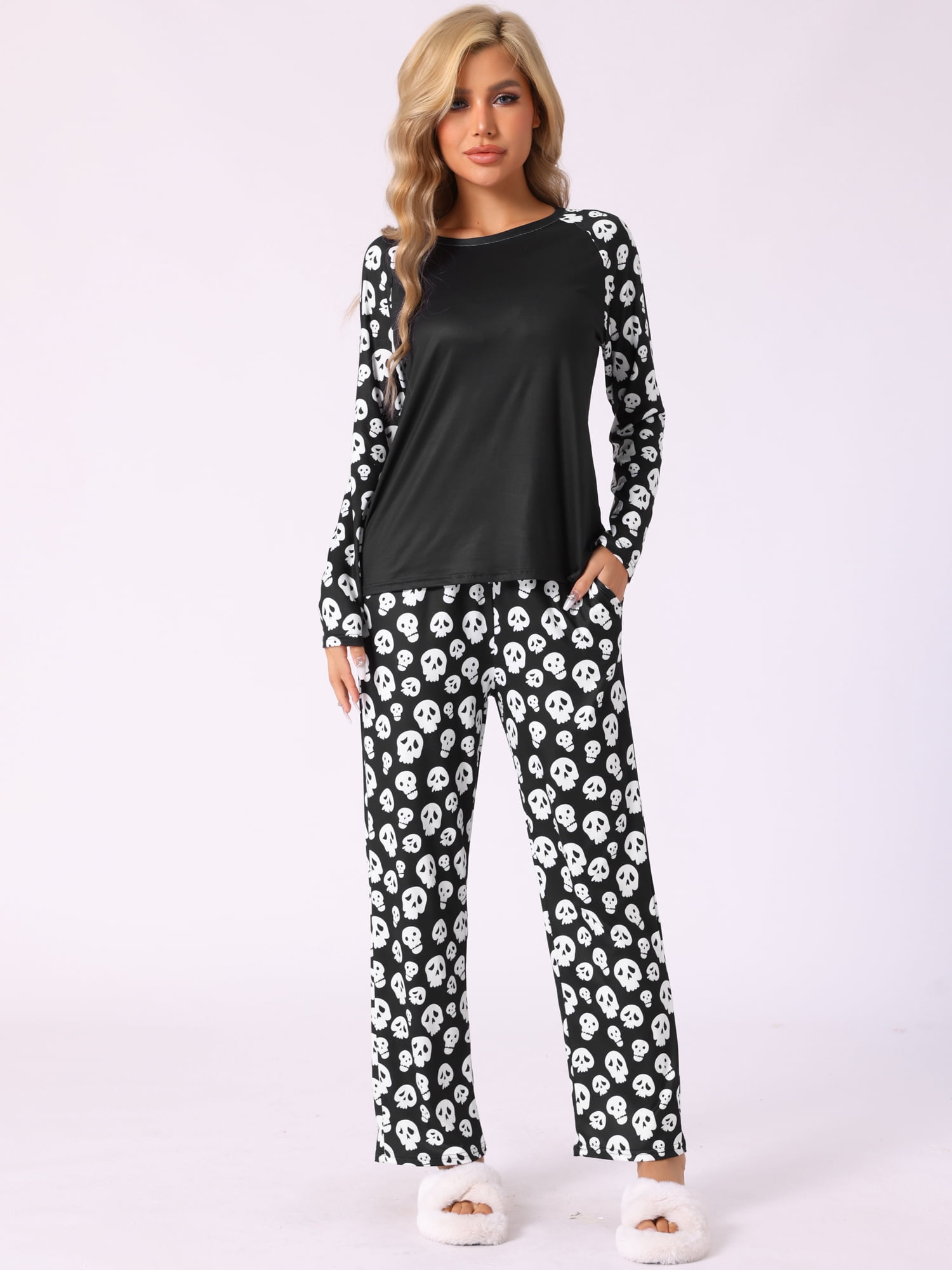 DARING DIVA Pajama Set Print Long Pajama Top Matching Sleep Pant ["Women"] S Black