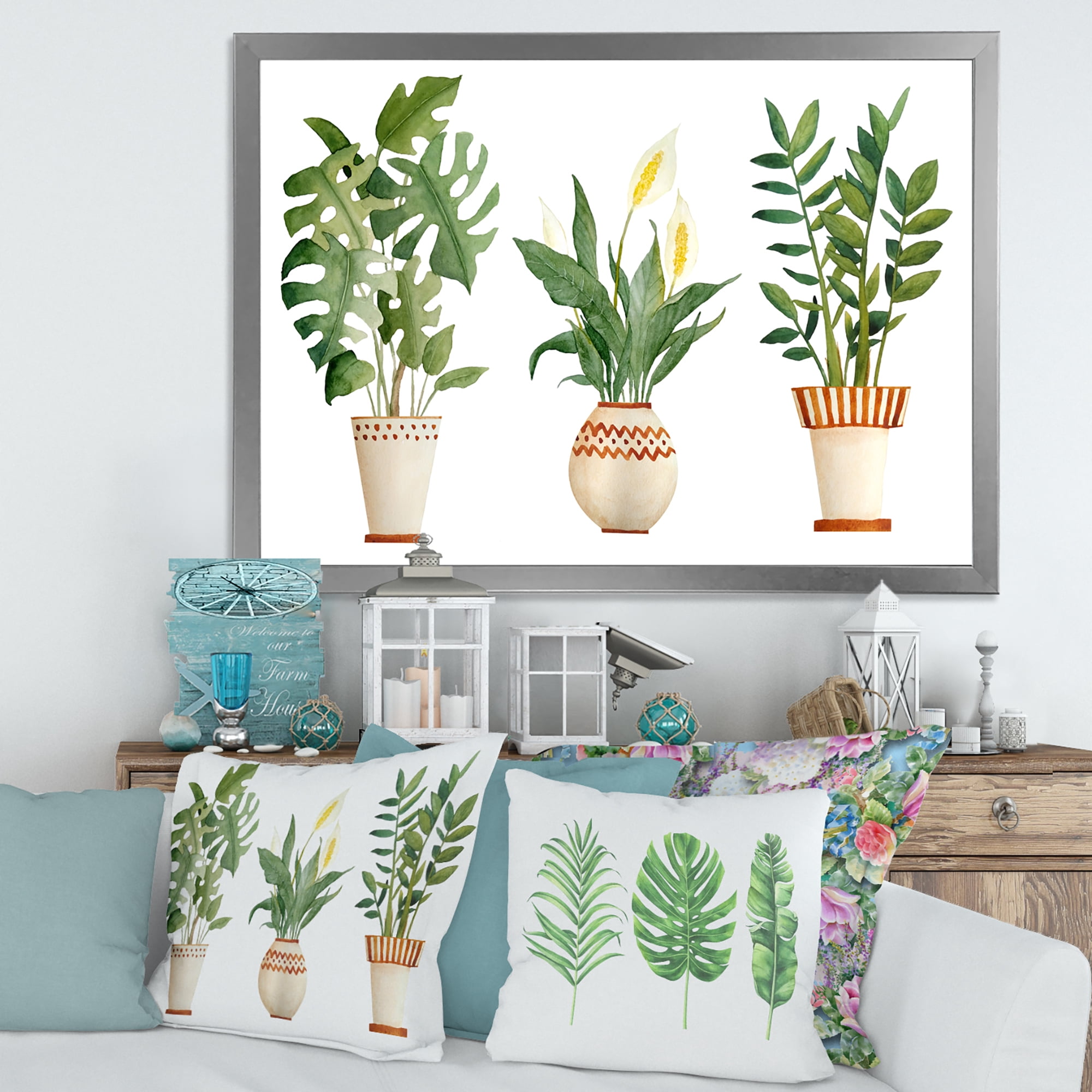 Designart 'Houseplant Peace Lily In Terra Cotta and Monstera' Farmhouse Framed Art Print