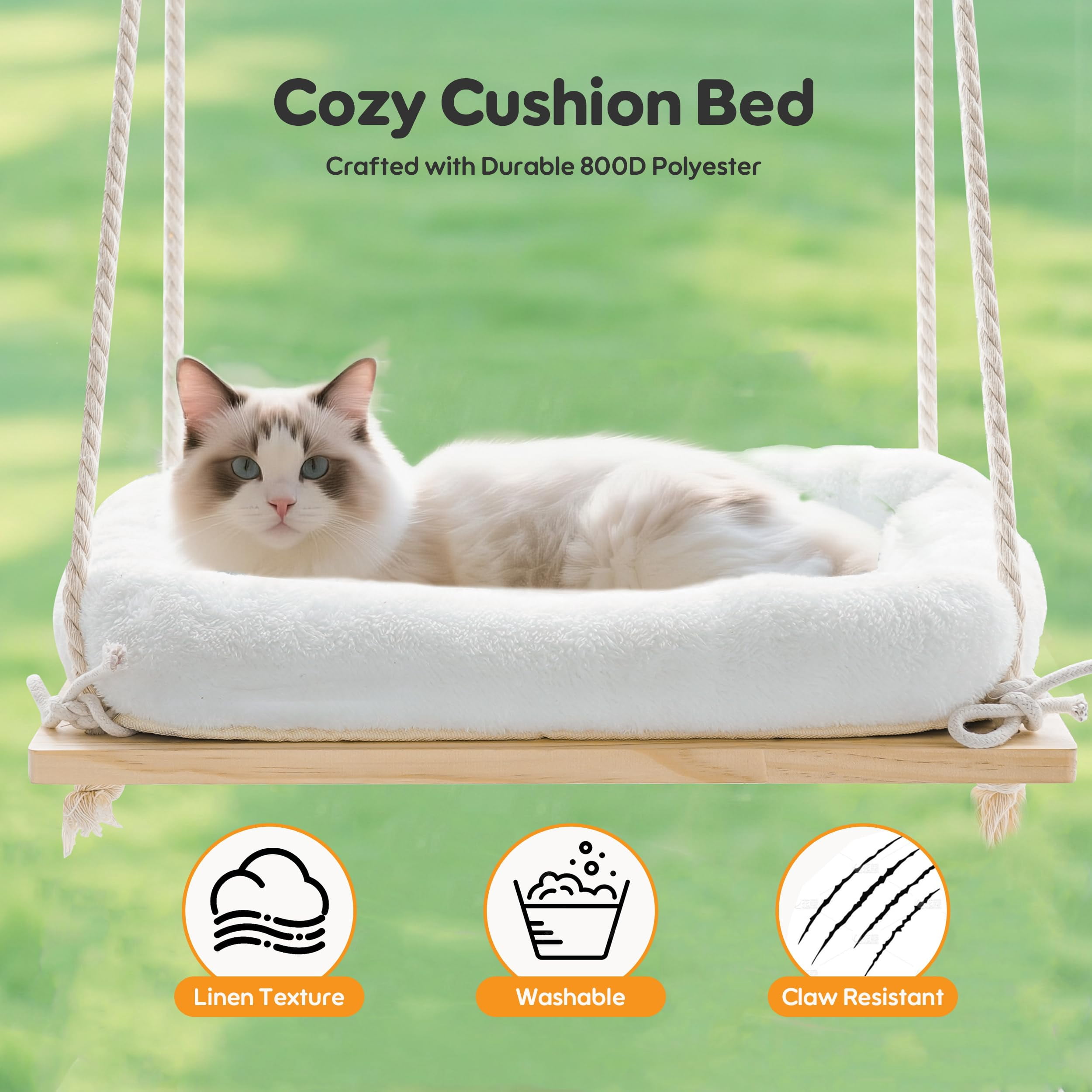 Cat Window Perch  Hammock Bed With Solid Wood Seat 4 Heavy Duty Suction Cups Plush Cushion Indoor Pet For Cats Large