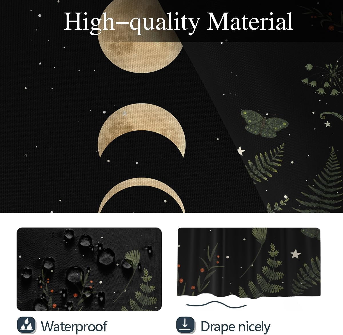 Moon Phase Shower Curtain 36x72 Inch Stall Harf Mini Size Stand up Standing Moonlit Celestial Leaves Plants Goth Gothic Witch Witchy Mysticism Bathroom Polyester Fabric Waterproof 7 Pack Hooks