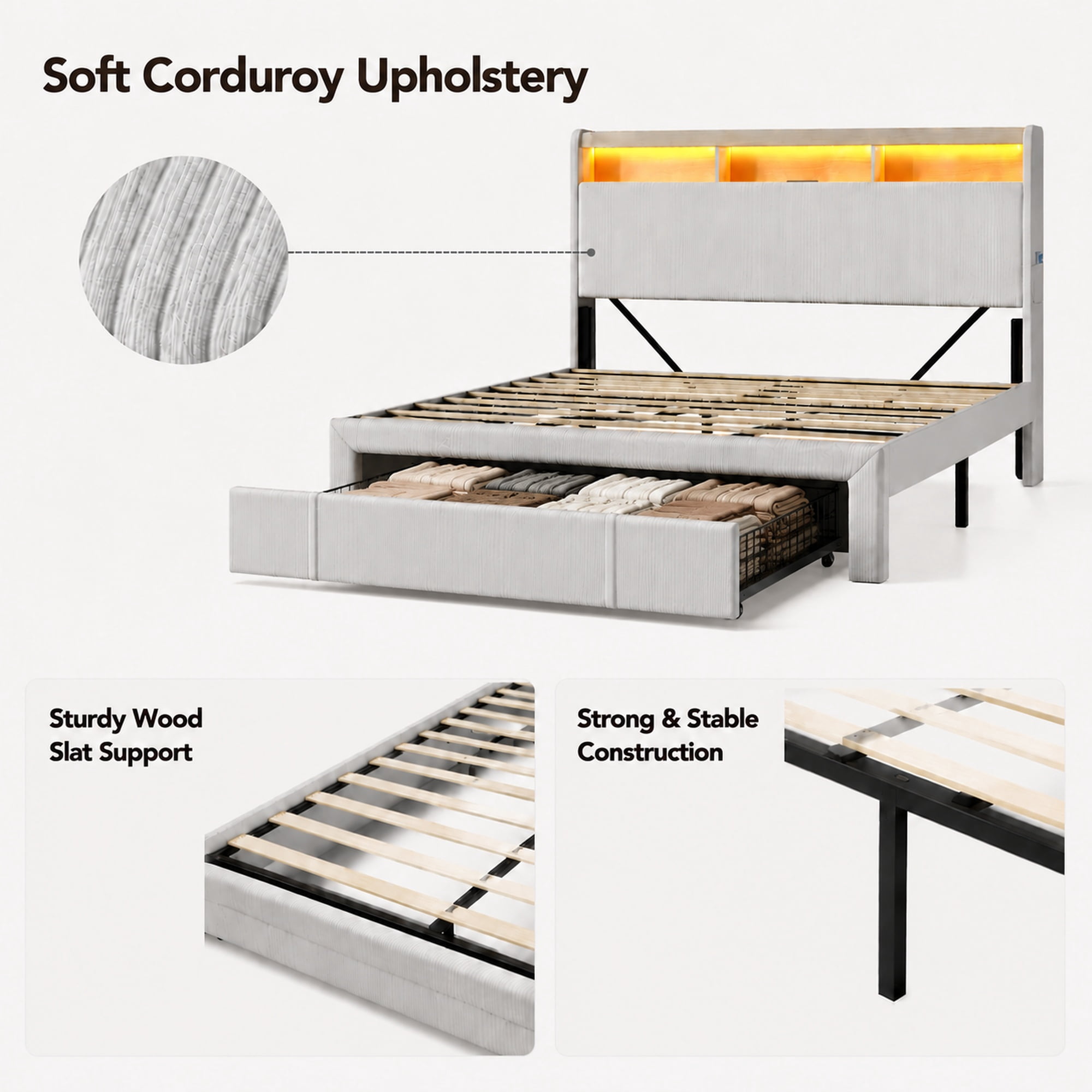 Mintazer Queen Size Upholstered Platform Bed Frame with LED Light & Charging Station, Modern Platform Bed Frame with Storage Headboard and Under Bed Drawer, No Box Spring Needed, Beige